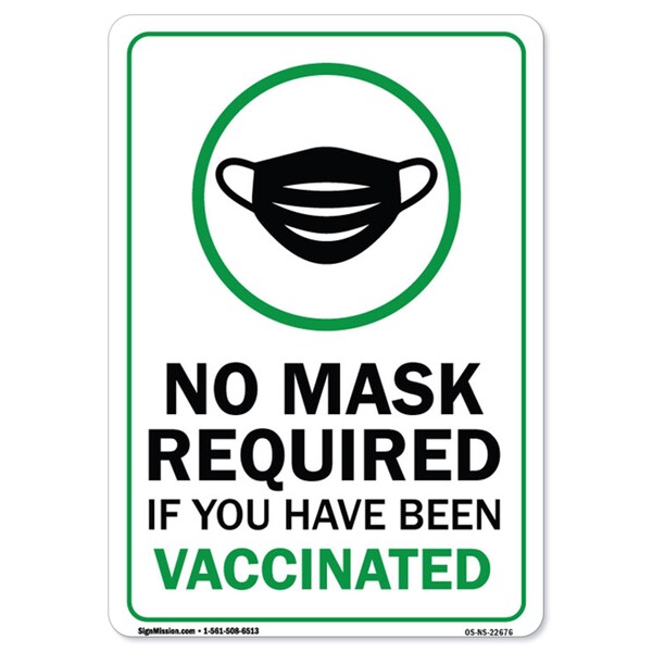 Public Safety Sign-No Mask Required If You Have Been Vaccinated, Heavy Duty, 12" H, A-1218-22676